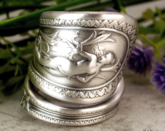 Wide Sterling Flora Goddess Wrap Ring, Silver Sabine Feronia Goddess Ring, Vintage Art Nouveau Rebirth Ring, Roman Goddess Spoon Ring, 2179
