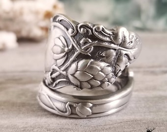 Beer Hops Sterling Ring, Botanical Wrap Ring, Hops Plant Spiral Ring, Vintage Spoon Jewelry, Nature Inspired Spoon Ring, Leaf Ring, 600