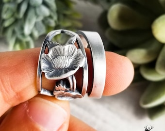 Wild Poppy Sterling Wrap Ring, Poppy Silver Bloom Ring, Vintage Floral Spiral Ring, Vintage Floral Ring, Sterling Silver Spoon Ring, 606