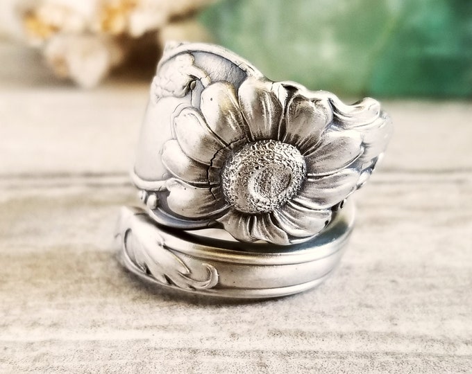 Art Nouveau Daisy & Thistle Ring, Sterling Spring Floral Ring, Vintage Sterling Silver Ring, Vintage Floral Nature Inspired Spoon Ring, 1824
