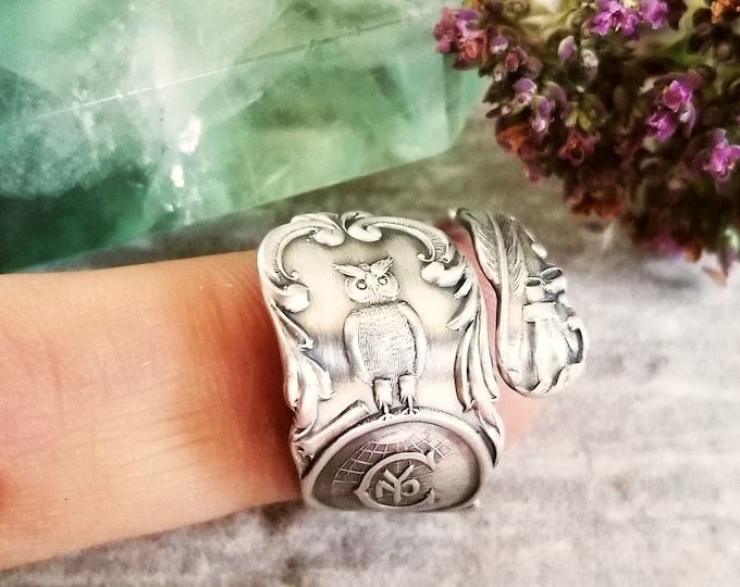 Sterling Owl Ring, Antique City Owl Ring, Handmade Vintage Spoon Ring, Vintage Art Nouveau Bird Jewelry, Sterling Silver Owl Jewelry, 1999