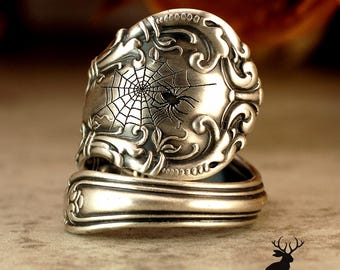 Sterling Silver Spider Web Ring, Elegant Engraved Spider on Web Ring,  Gothic Noveau Arachnid Ring, Silver Victorian Witch Ring, 5024