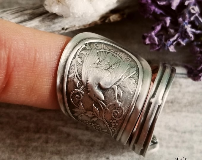Unique Sterling Bird Spoon Ring, Antique Avian Ring, Handmade Bird Ring, Vintage Bird Jewelry, Art Nouveau Sterling Silver Spoon Ring, 2161