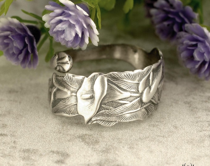Dainty Calla Lily Bloom Ring, Art Nouveau Peace Lily Wrap Ring, Vintage Floral Calla Lily Ring, Antique Silver Flower Spoon Ring, 2227