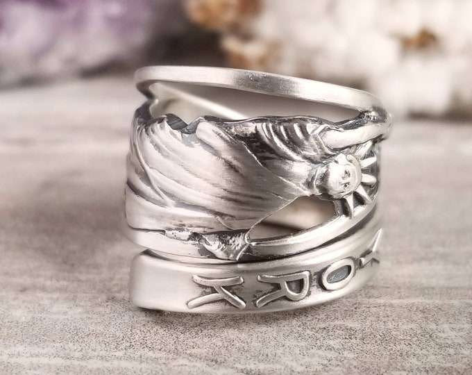 New York Sterling Wrap Ring, Statue of Liberty Ring, Adjustable NYC Spoon Ring, Vintage New York Spoon Ring, Silver NY Souvenir Ring, 1279B