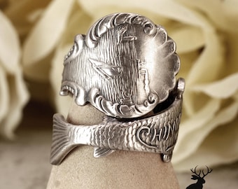Salmon Fish Wrap Ring, Sterling Chinook Salmon Seattle Ring, Art Nouveau Fish Ring, Vintage Jewelry, Sterling Silver Spoon Ring, 1698B