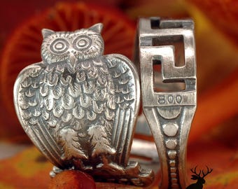 Owl Wrap Ring, Antique Greek Owl Ring, Vintage Spiral Ring, Vintage Art Nouveau Bird Jewelry, 800 Silver Owl Spoon Ring, 2310