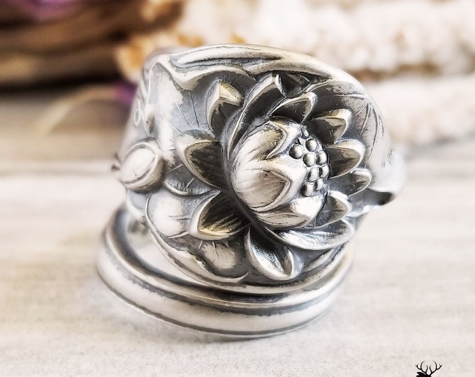 Waterlily Wrap Ring, Vintage Floral Bloom Ring, Sterling Lotus Spoon Ring, Vintage Flower Jewelry, Antique Sterling Silver Flower Ring, 207