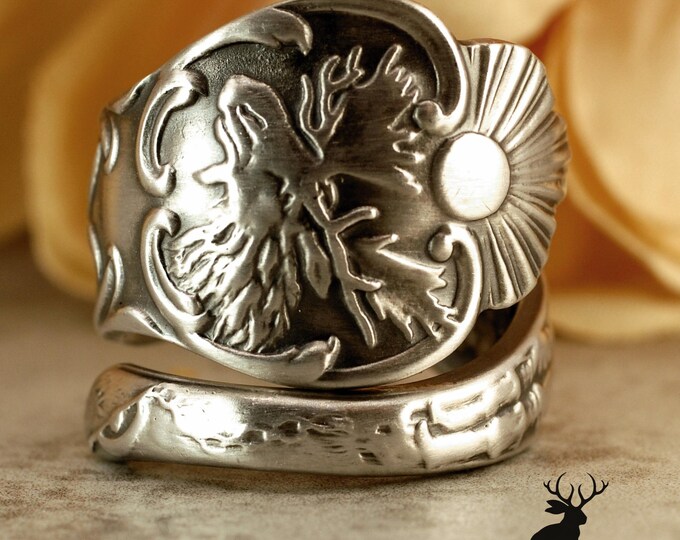 Moose Sterling Wrap Ring, Rocky Mountain Moose Silver Ring, Sterling Silver Ram Ring, Buck Silver Ring, Vintage Anchorage Spoon Ring, 1162B
