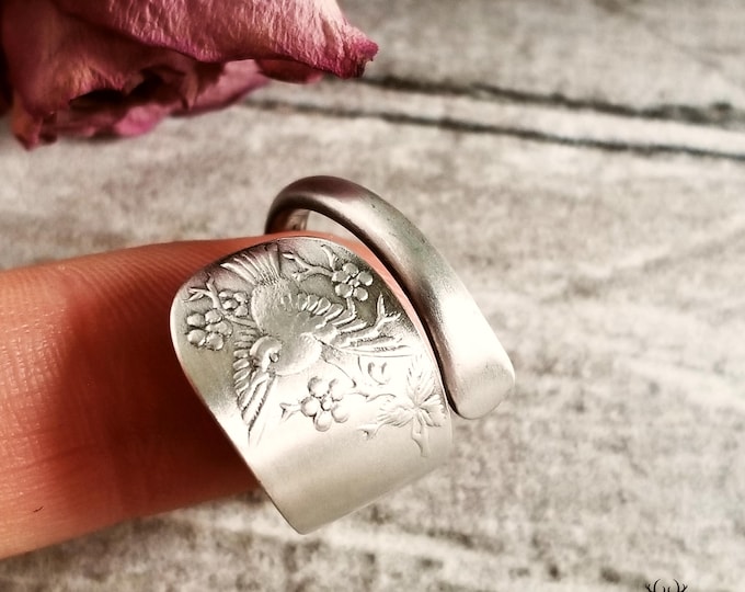 Sterling Mama Bird Ring, Handmade Sparrow Ring, Sterling Bird Ring, Love Birds Jewelry, Antique Bird Spoon Ring, Vintage Bird Ring, 1324