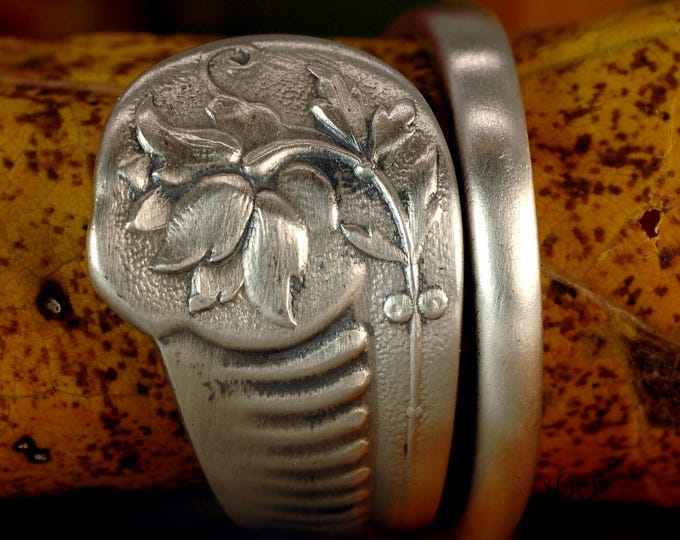 Bell Flower Wrap Ring, Sterling Spring Bloom Ring, Vintage Spiral Blossom Ring, Sterling Silver Art Nouveau Wildflower Spoon Ring, 2321