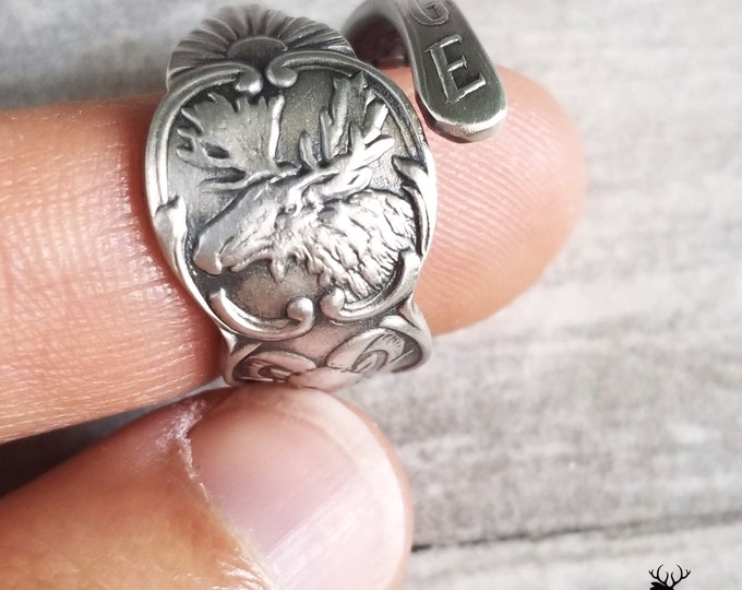 Moose Sterling Wrap Ring, Rocky Mountain Moose Silver Ring, Sterling Silver Elk Ring, Buck Silver Ring, Vintage Anchorage Spoon Ring, 1162