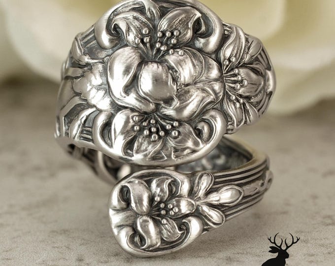 Alvin Elegant Orange Blossom Wrap Ring, Spiral Fruit Bloom Ring, Sterling Silver Jewelry, Antique Alvin Silversmiths .925 Spoon Ring, 178