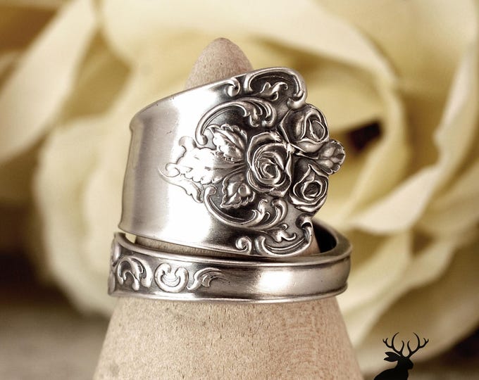 Antique Wendel Victorian Rose Ring, Elegant Rose Ring, Unique Sterling Ring, Vintage Rose Ring, Sterling Silver Retro Rose Spoon Ring, 2492