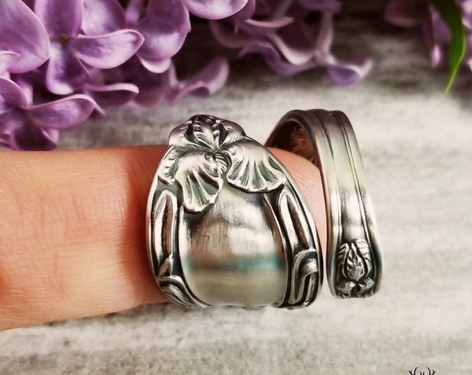 1900s Manchester Lady Clare Ring, Vintage Iris Bloom Ring, Antique Sterling Spiral Ring, Sterling Spoon Ring, Art Nouveau Flower Ring, 180B