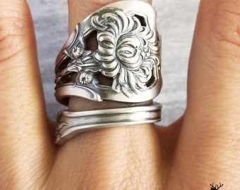 Chrysanthemum Sterling Silver Ring, Art Nouveau Sterling Spoon Ring, Antique Flower Spoon Ring, Flower Spoon Ring, Floral Spoon Jewelry, 927