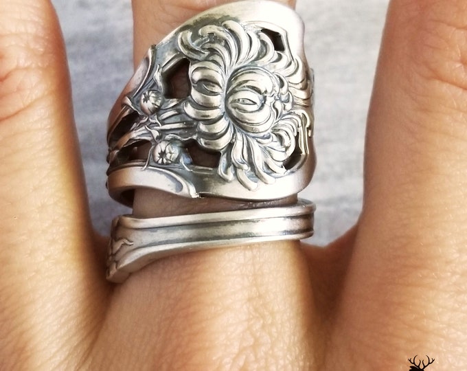 Chrysanthemum Sterling Silver Ring, Art Nouveau Sterling Spoon Ring, Antique Flower Spoon Ring, Flower Spoon Ring, Floral Spoon Jewelry, 927