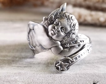 Rare Cupid & Arrows Spoon Ring, Art Nouveau Cherub Spoon Ring, Vintage Figural Spoon Ring, Vintage Spoon Jewelry, Sterling Spoon Ring 842