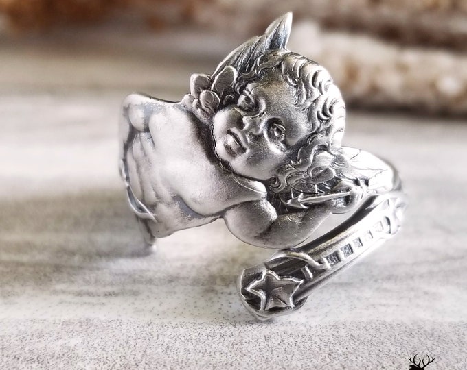 Rare Cupid & Arrows Spoon Ring, Art Nouveau Cherub Spoon Ring, Vintage Figural Spoon Ring, Vintage Spoon Jewelry, Sterling Spoon Ring 842
