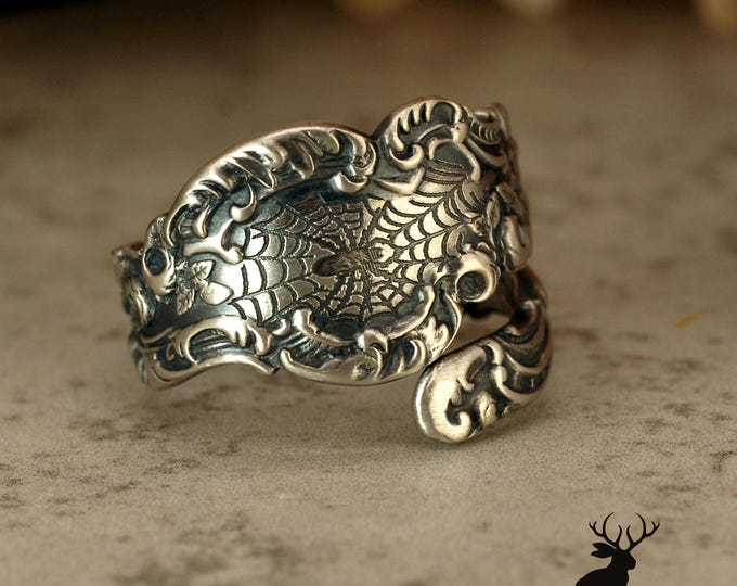 Sterling Silver Engraved Spider Web Ring, Elegant Engraved Spider on Web Ring,  Gothic Noveau Ring, Silver Victorian Witch Ring, 5022