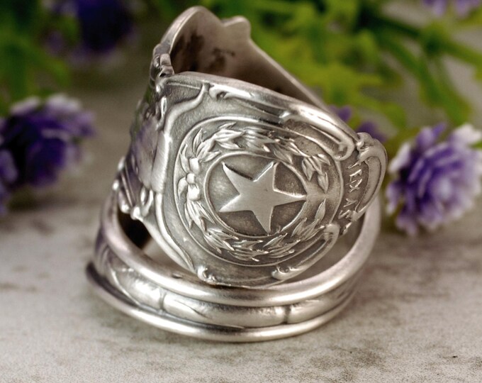 Texas State Ring, Sterling Texas Steer Ring, Sterling Texan Wrap Ring, Lone Star State Ring, Vintage Southwest Spoon Ring, 2277