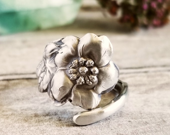 Dainty Wild Rose Ring, Antique Sterling Rosa Ring, Vintage Floral Rosa Canina Bloom Ring, Unique Silver Wrap Ring, Unique Dog Rose Ring, 993