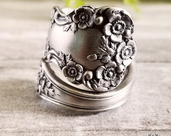 Buttercup Sterling Silver Spoon Ring, Vintage Silver Rose Flower Ring, Flower Sterling Spoon Ring, Antique Floral Spoon Ring, 211B