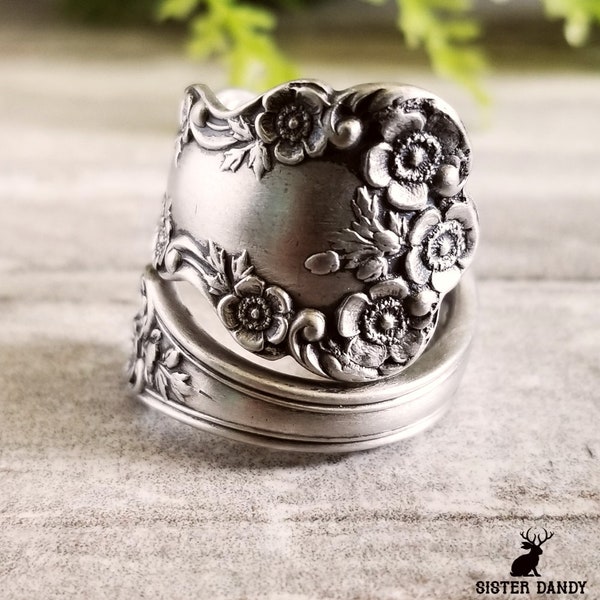 Buttercup Sterling Silver Spoon Ring, Vintage Silver Rose Flower Ring, Flower Sterling Spoon Ring, Antique Floral Spoon Ring, 211B