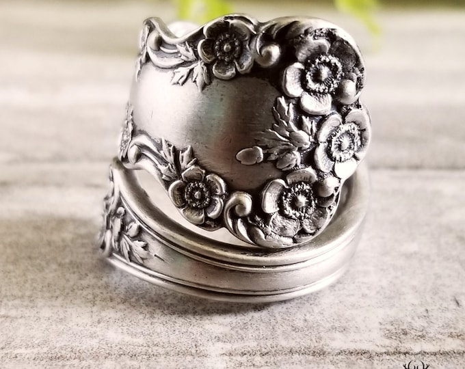 Buttercup Sterling Silver Spoon Ring, Vintage Silver Rose Flower Ring, Flower Sterling Spoon Ring, Antique Floral Spoon Ring, 211B