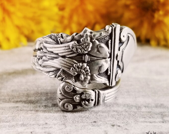 Sterling Griphon Ring, Sterling Dragon Spoon Ring, Vintage Spoon Ring Gift, Antique Arabesque Spoon Jewelry, Sterling Silver Spoon Ring, 771