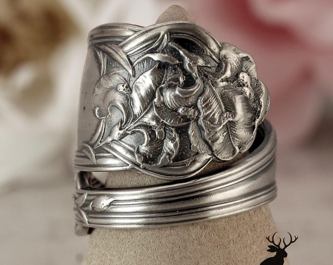 Vintage Alvin Iris Floral Ring, Bearded Iris Ring, Antique Spring Wrap Ring, Sterling Silver Bloom Ring, Unique Botanical Spoon Ring, 110A