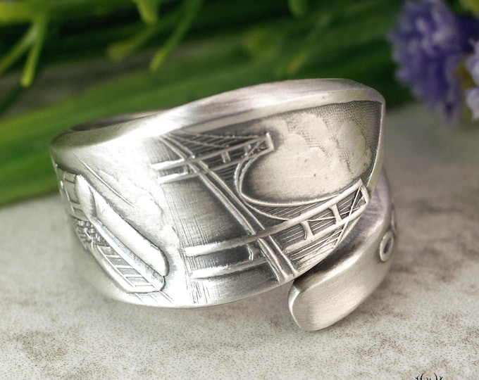 Sterling Silver San Francisco Ring, Silver Golden Gate Bridge & Trolley Ring, Vintage California Ring, Adjustable Vintage Spoon Ring, 2223