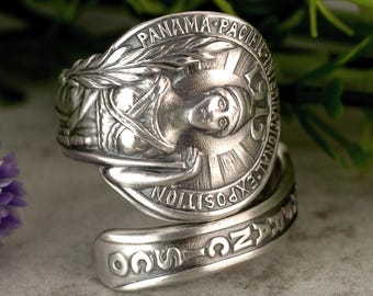 Goddess San Francisco Ring, Historic Panama-Pacific International Exposition of 1915 Ring, Rare Sterling Silver Souvenir Spoon Ring, 2283