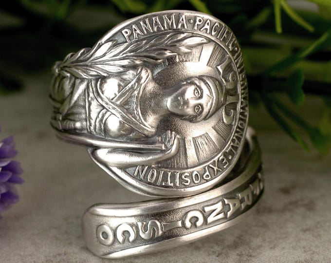 Goddess San Francisco Ring, Historic Panama-Pacific International Exposition of 1915 Ring, Rare Sterling Silver Souvenir Spoon Ring, 2283