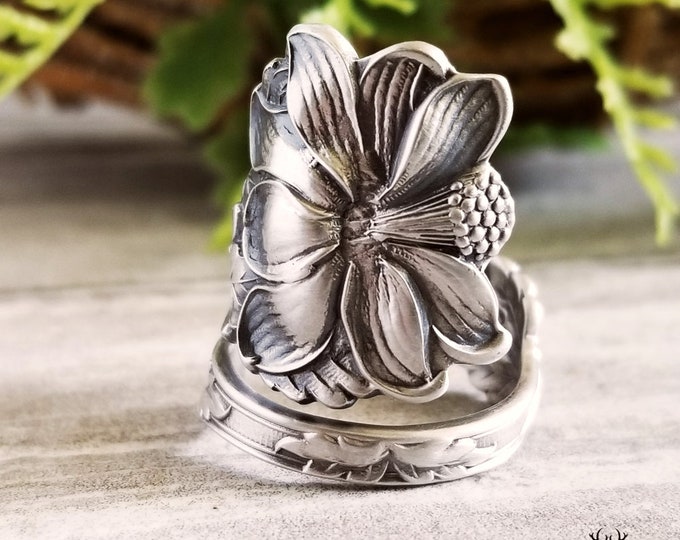 Tropical Hibiscus Wrap Ring, Botanical Spiral Ring, Hibiscus Ring, Vintage Jewelry, Sterling Silver Spoon Ring, Floral Spiral Ring, 1626