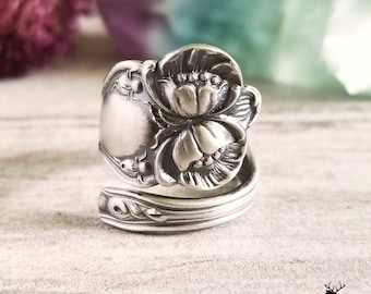 Vintage Sterling Poppy Spoon Ring, Floral Poppy Sterling Ring, Vintage Flower Ring, Art Nouveau Sterling Silver Flower Spoon Ring Gift, 491