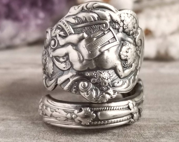 Unique Vintage Cupid & Harp Spoon Ring, Angelic Cherub Sterling Spoon Ring, Vintage Spoon Jewelry, Sterling Silver Spoon Ring 1391