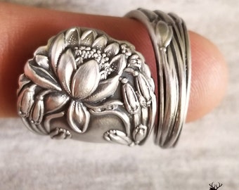 Sterling Sacred Lotus Ring, Waterlily Bloom Ring, Vintage Floral Ring, Vintage Flower Spoon Ring, Antique Sterling Silver Flower Ring, 114