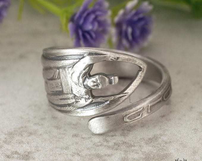 Sterling Honolulu Ring, Vintage Dainty Hawaii Ring, Art Nouveau Sterling Tropical Island Ring, Hawaiian Adjustable Silver Spoon Ring, 2210