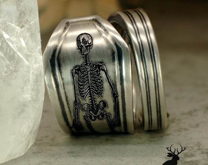 Unique Art Deco Sterling Skeleton Ring, Victorian Engraved Wrap Ring, Gothic Coffin Ring, Sterling Silver Spooky Skeleton Spoon Ring, 5023