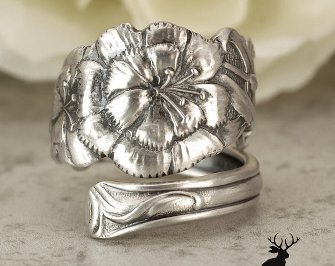 Wildflower Bloom Ring, Art Nouveau Antique Dianthus Ring, Carnation Flower Ring, Unique Floral Jewelry, Vintage Sterling Spoon Ring, 2496