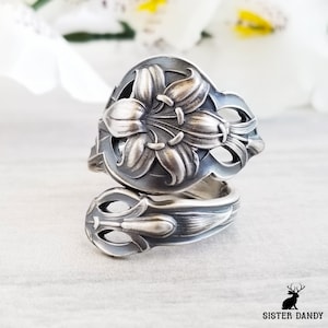 Art Nouveau Lily Ring, Silver Lily Spoon Ring, Vintage Spoon Ring, Vintage Flower Jewelry, Sterling Silver Spoon Ring, Floral Ring, 633