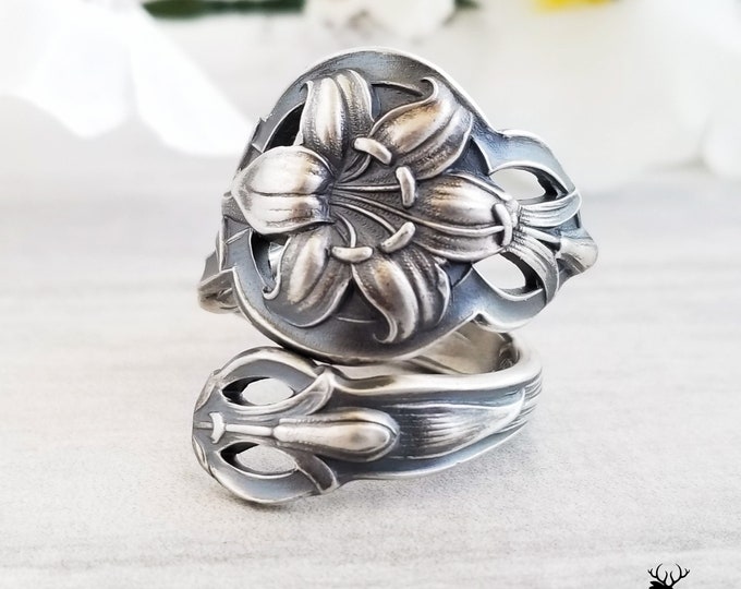 Art Nouveau Lily Ring, Silver Lily Spoon Ring, Vintage Spoon Ring, Vintage Flower Jewelry, Sterling Silver Spoon Ring, Floral Ring, 633