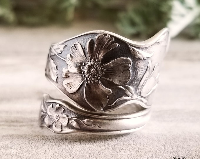 Art Nouveau Floral Poppy Sterling Ring, Poppies Wildflower Vintage Spoon Ring, Vintage Flower Ring, Sterling Silver Flower Spoon Ring, 696