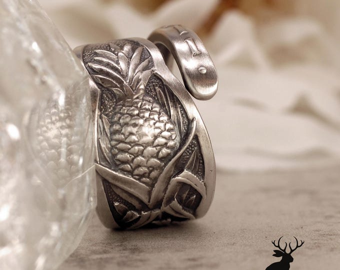 Tropical Pineapple Wrap Ring, Sterling Ananas Comosus Ring, Vintage Hawaii Ring, Art Nouveau Sterling Spoon Ring, Pineapple Jewelry, 1972B