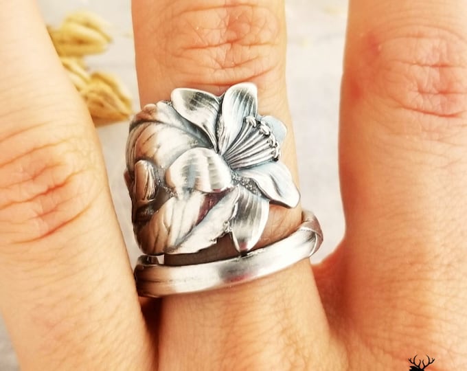 Hibiscus Flower Sterling Spoon Ring, Flower Spoon Ring, Vintage Spoon Ring, Vintage Floral Spoon Jewelry, Sterling Silver Spoon Ring, 720
