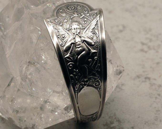 Sterling Silver Angel Bracelet, Antique Silver Cherub Bracelet, Angelic Wrist Cuff, 1530BR