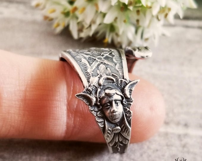 Unique Victorian Winged Cherub Ring, Angelic Cherub Sterling Ring, Vintage Angelic Jewelry, Sterling Silver Angel Spoon Ring, 1593