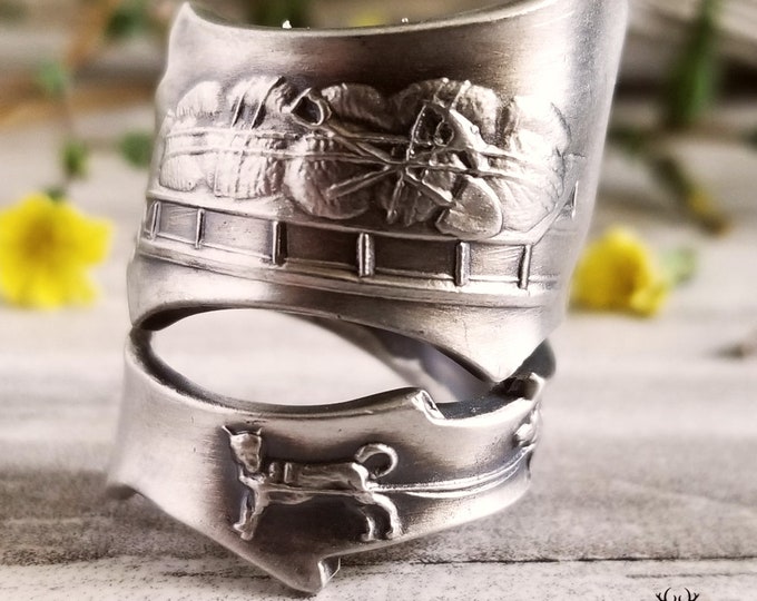 Wide Alaskan Sled Dogs Ring, Unique Sterling Silver Alaska Wrap Ring, Vintage Silver Alaska Ring, Antique Sterling Silver Spoon Ring, 1307