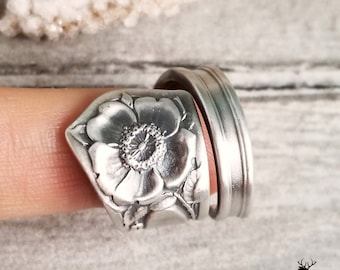 Wild Rose Sterling Spoon Ring, Antique Flower Spoon Ring, Vintage Floral Silver Ring, Vintage Spoon Jewelry, Unique Sterling Silver Ring 192
